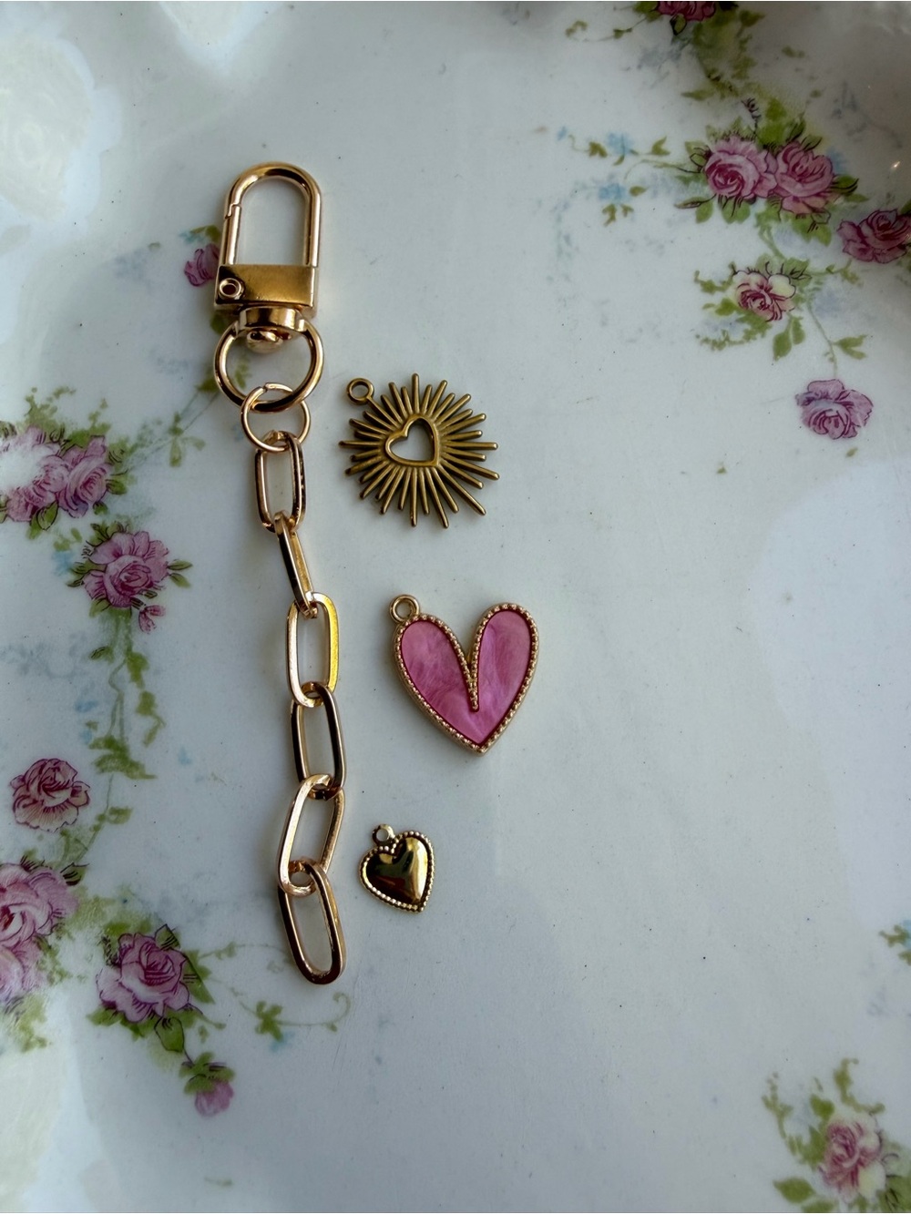 BaubleBar Pink Enamel Heart & Gold Sunburst Charm Keychain Set